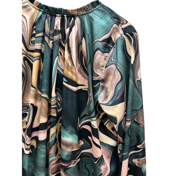Show Me Your Mumu XL Button‎ Down Top Green Brown Abstract Silky Long Sleeve - Picture 3 of 7